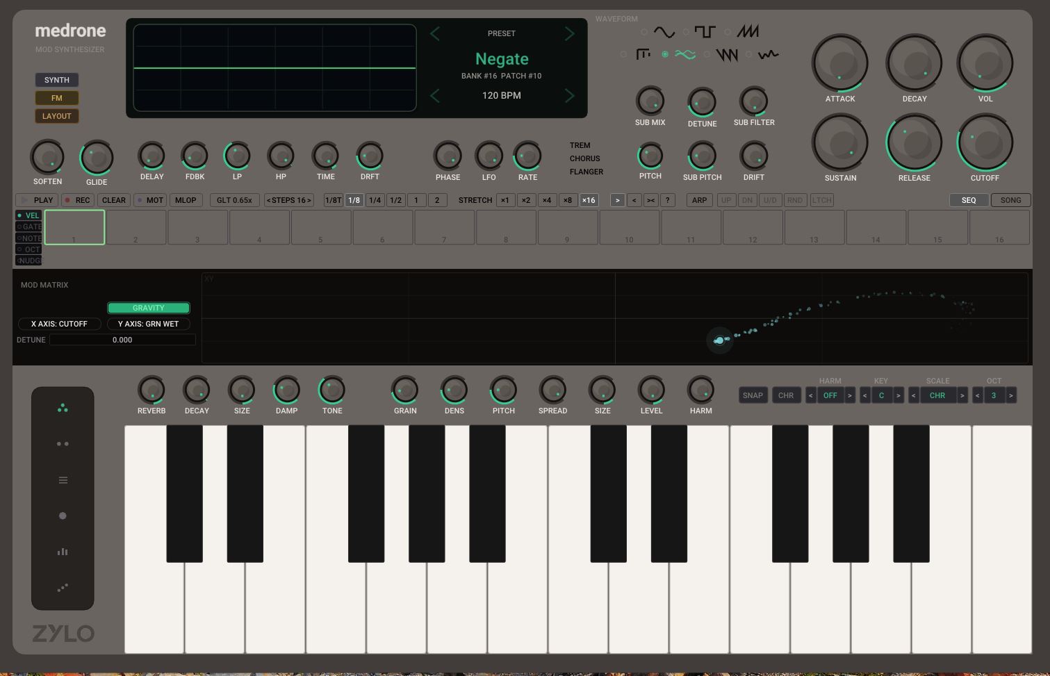 Medrone XY pad showing thrown modulation motion across the matrix