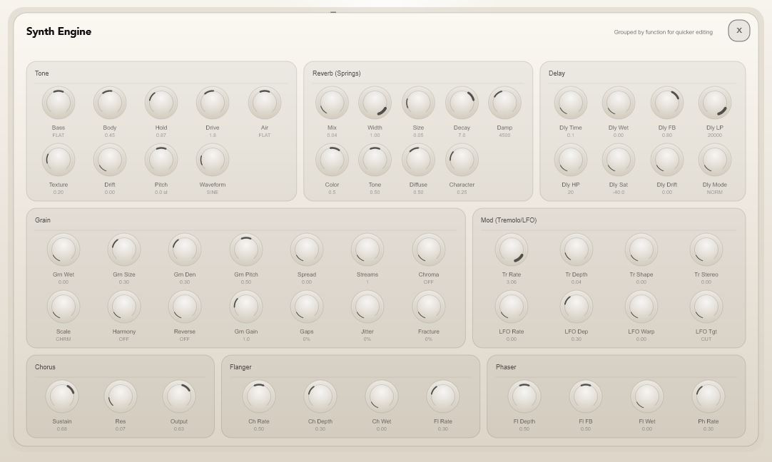 Orbit Weave synth engine page with grouped tone, reverb, delay, grain, modulation, chorus, flanger, and phaser controls