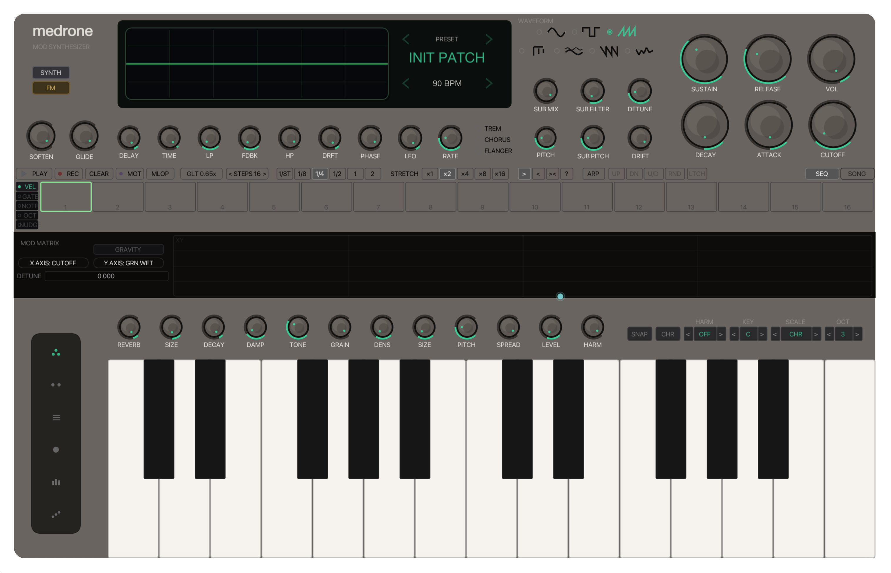 Transparent Medrone synthesizer interface render with keyboard, controls, preset panel, and XY modulation area