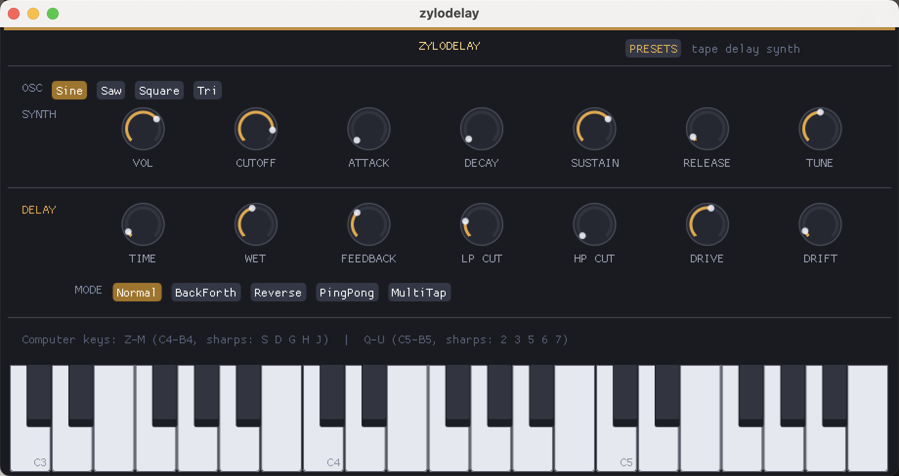 Zylodelay interface with oscillator selector, synth controls, delay controls, delay modes, presets, and keyboard