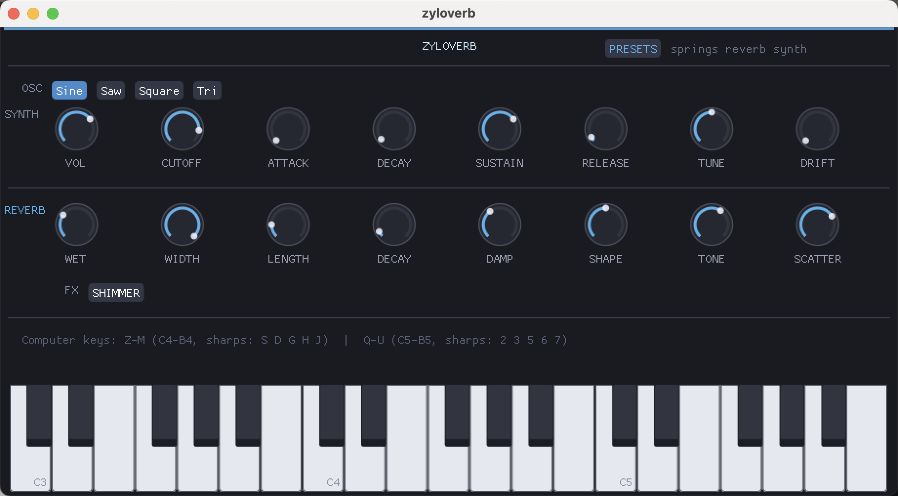 Zyloverb interface with oscillator selector, synth controls, reverb controls, shimmer effect, presets, and keyboard