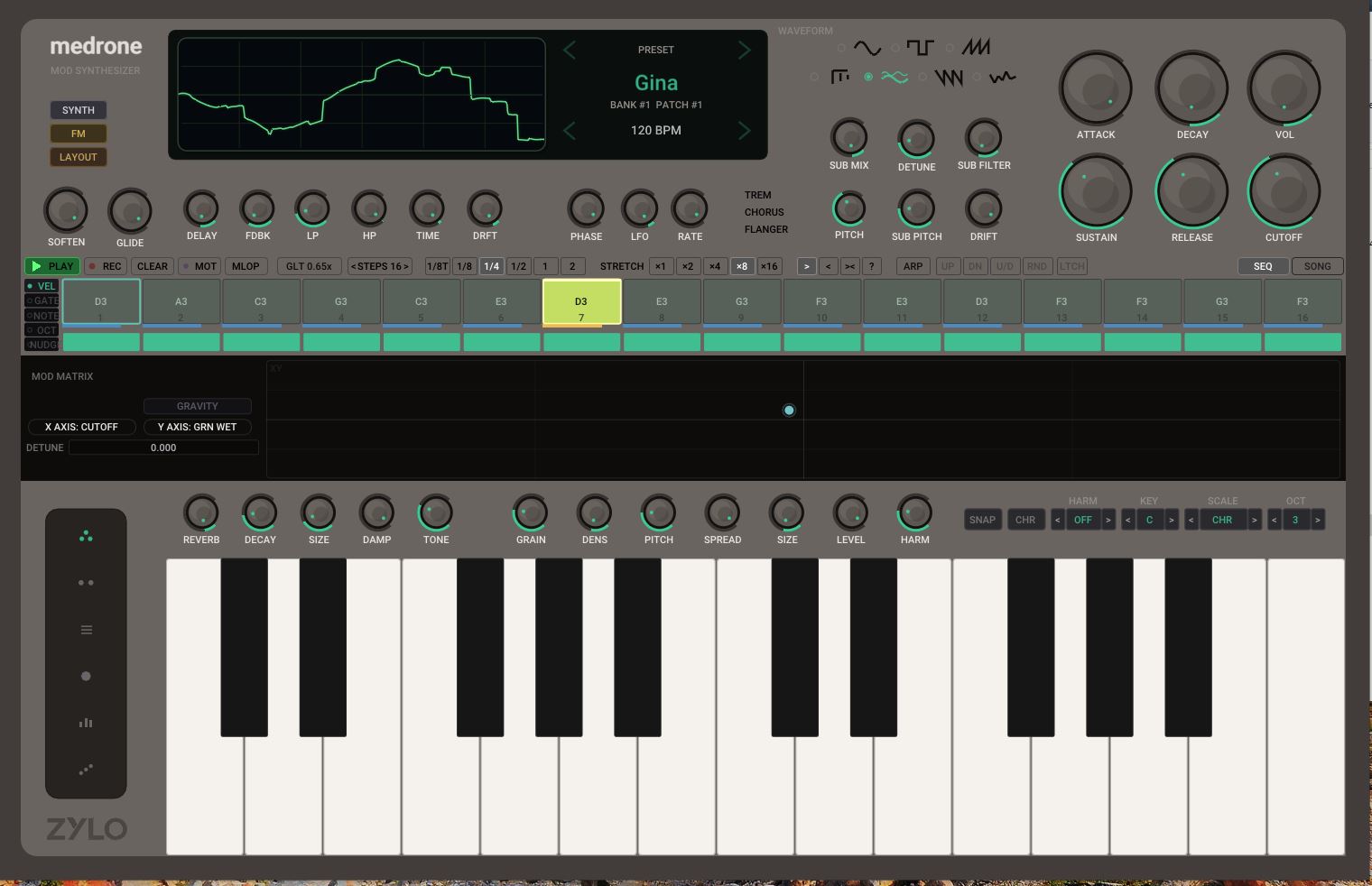 Medrone sequencer page with active step pattern, arp controls, and song mode toggle